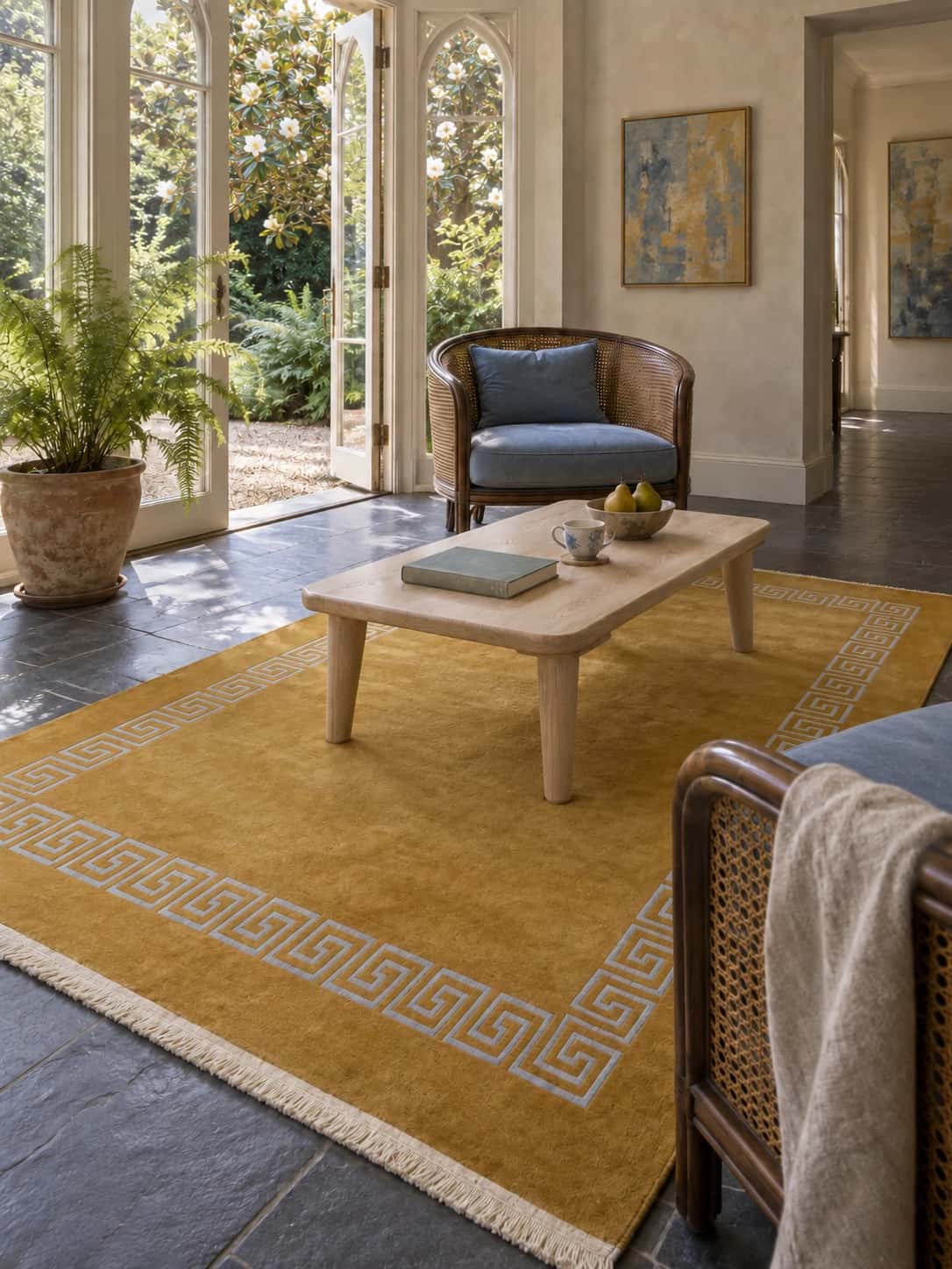 Nepalese Tibetan rug, oriental, 170x241 cm, mainly yellow — In a room