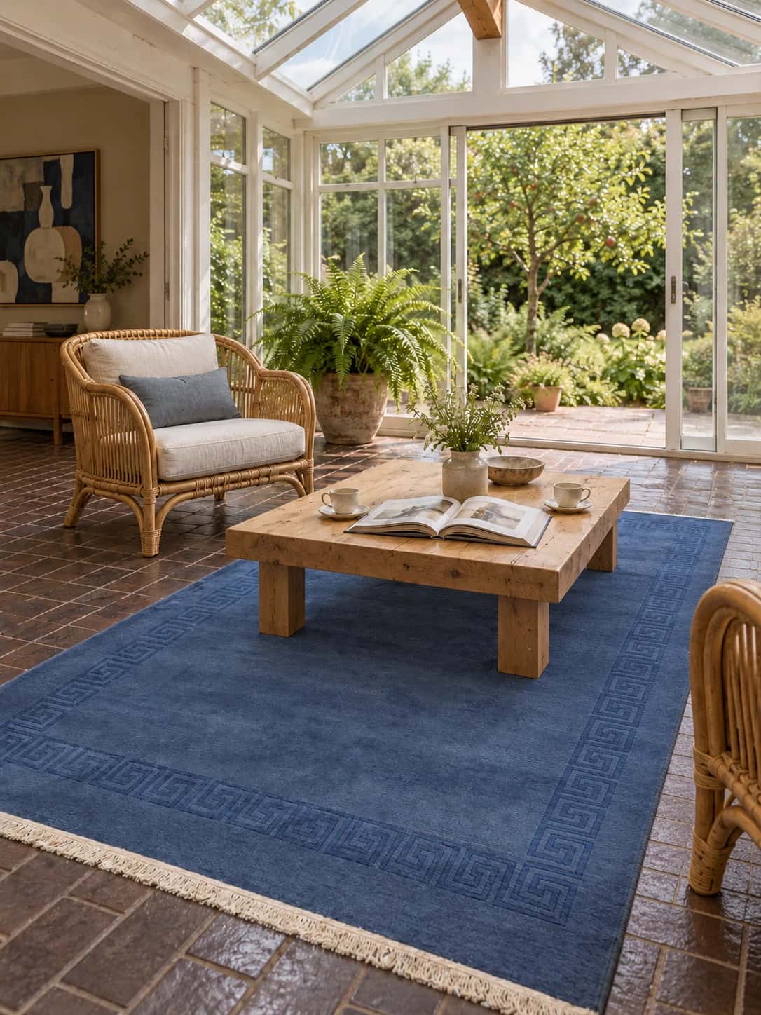 Alfombra nepalí tibetana, oriental, 175x242 cm, principalmente en azul — En una habitación