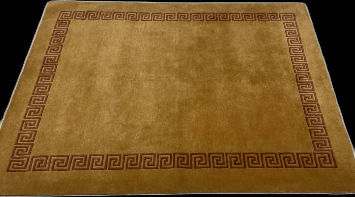 Nepali rug of Tibetan style in dimensions 202 centimeters length by 150 centimeters width with mainly yellow colors — Perspective