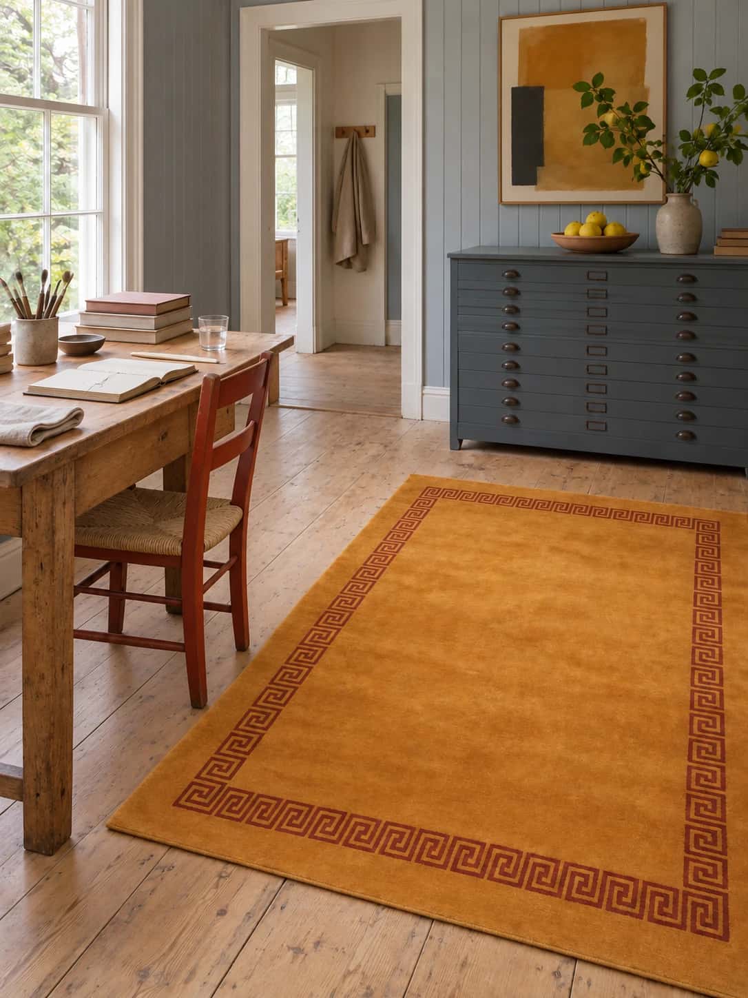 Nepalese Tibetan rug, geometric, 150x202 cm, mainly yellow — In a room
