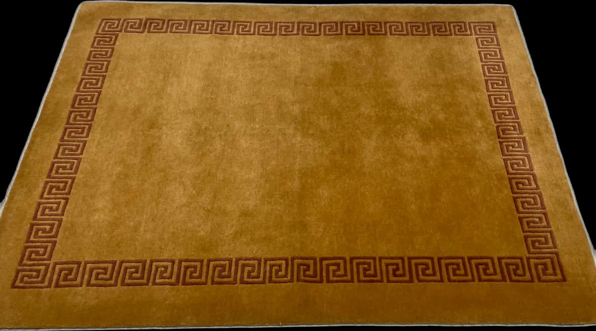 Nepali rug of Tibetan style in dimensions 202 centimeters length by 150 centimeters width with mainly yellow colors — Perspective