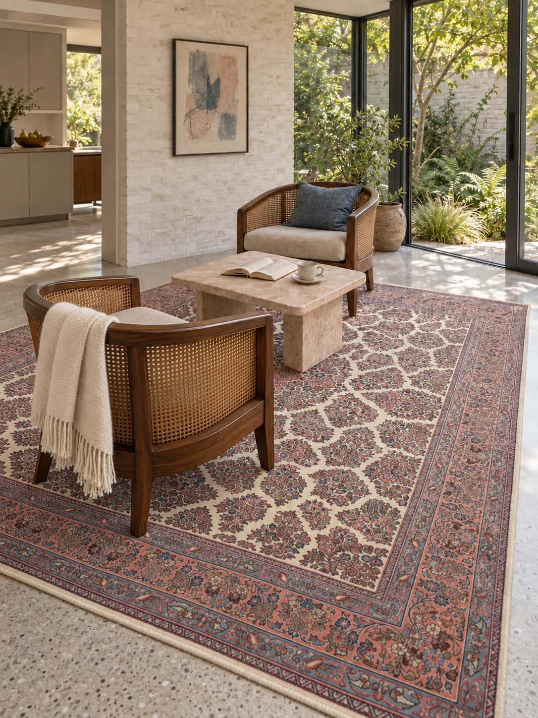 Alfombra persa, floral, 208x310 cm, principalmente en blanco y rosa — En una habitación