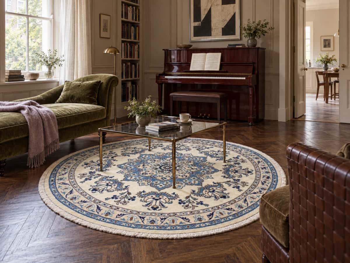 Persian Nain round rug, diameter 200 cm, mainly cream and blue — In a room