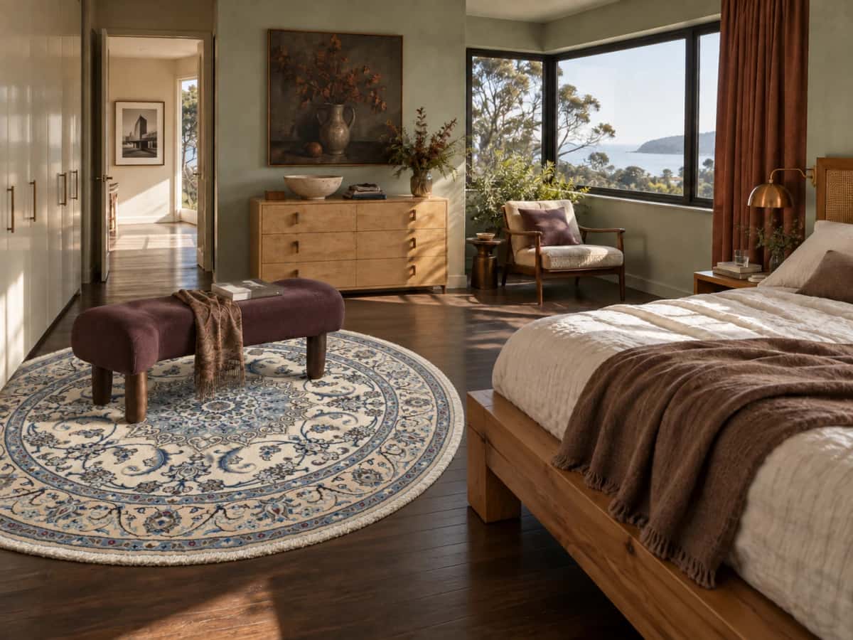 Persian Nain round rug, diameter 200 cm, mainly cream and blue — In a room