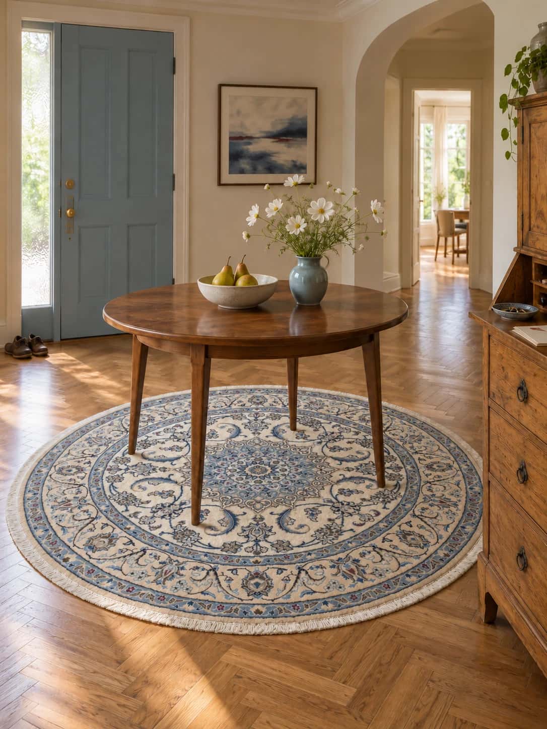 Persian Nain round rug, diameter 200 cm, mainly cream and blue — In a room