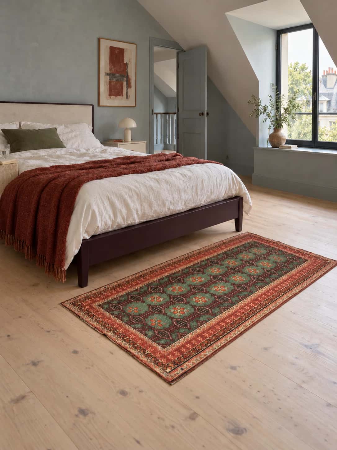 Persian Turkoman rug, oriental, 94x179 cm, mainly green and red — In a room