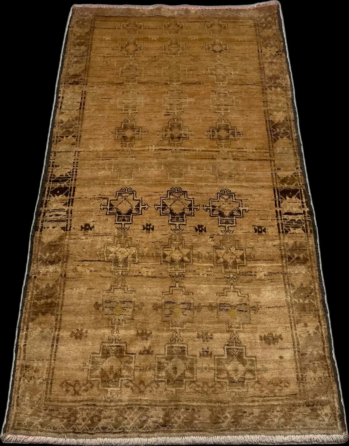 Persian rug of Baluch style in dimensions 220 centimeters length by 117 centimeters width with mainly brown colors — Perspective
