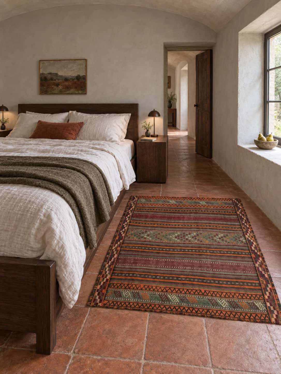 Persian Sumak Kilim rug, 123x129 cm, mainly brown and green — In a room