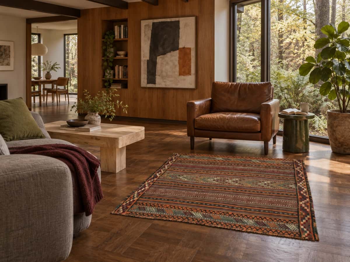 Persian Sumak Kilim rug, 123x129 cm, mainly brown and green — In a room