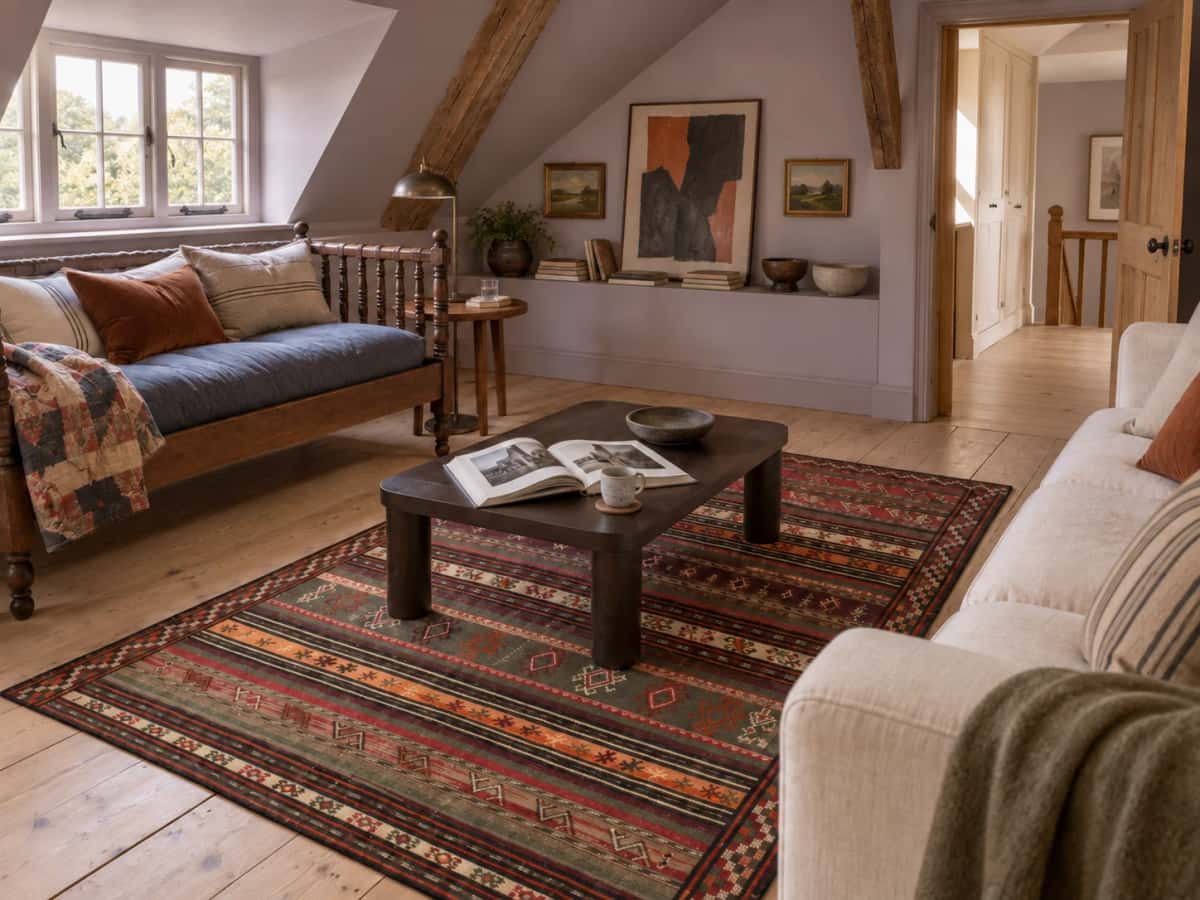 Persian Sumak Kilim rug, 146x212 cm, mainly red and green — In a room