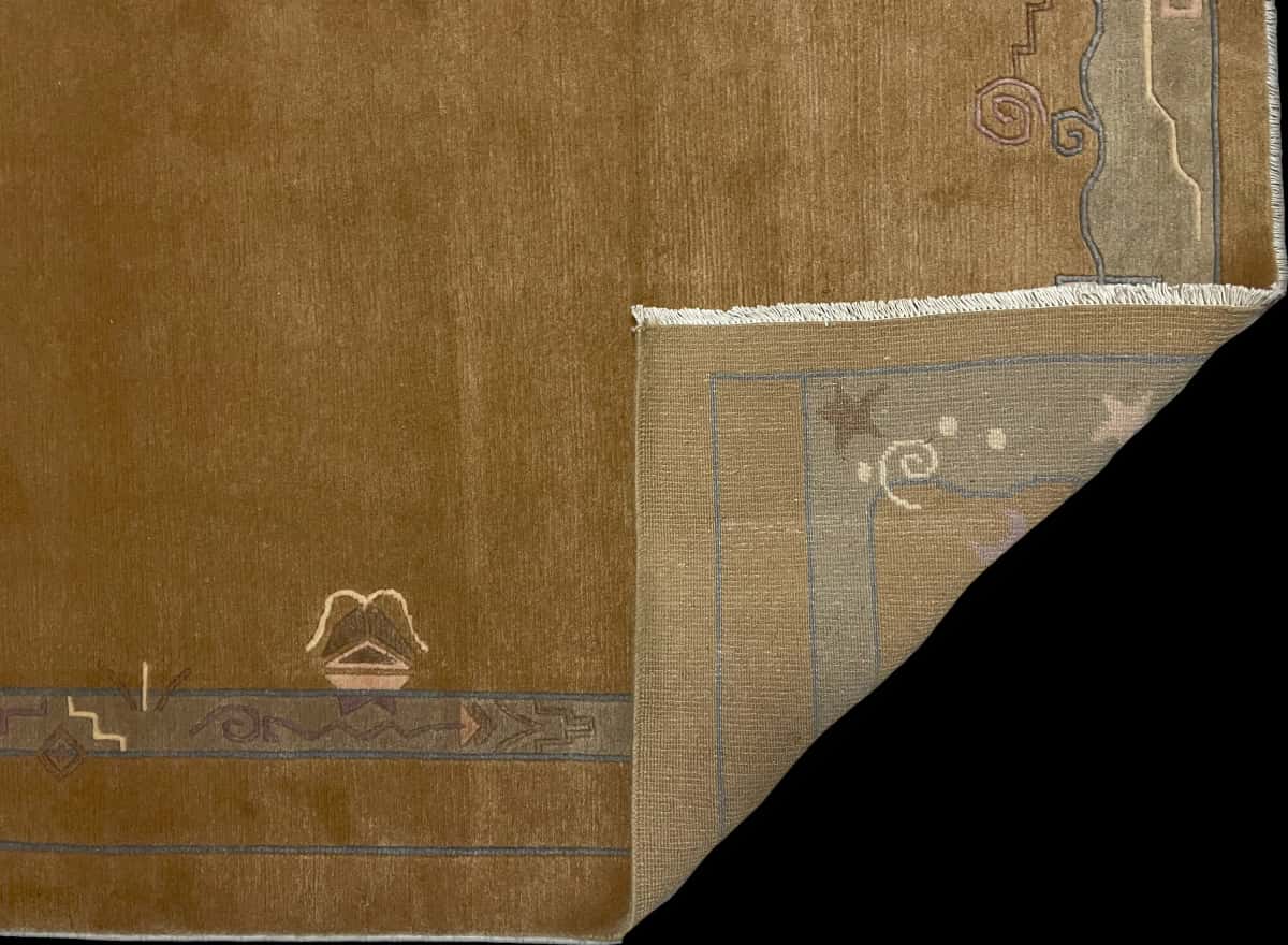 Nepali rug of Tibetan style in dimensions 247 centimeters length by 200 centimeters width with mainly yellow colors — Folded