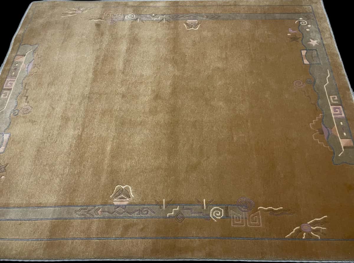 Nepali rug of Tibetan style in dimensions 247 centimeters length by 200 centimeters width with mainly yellow colors — Perspective