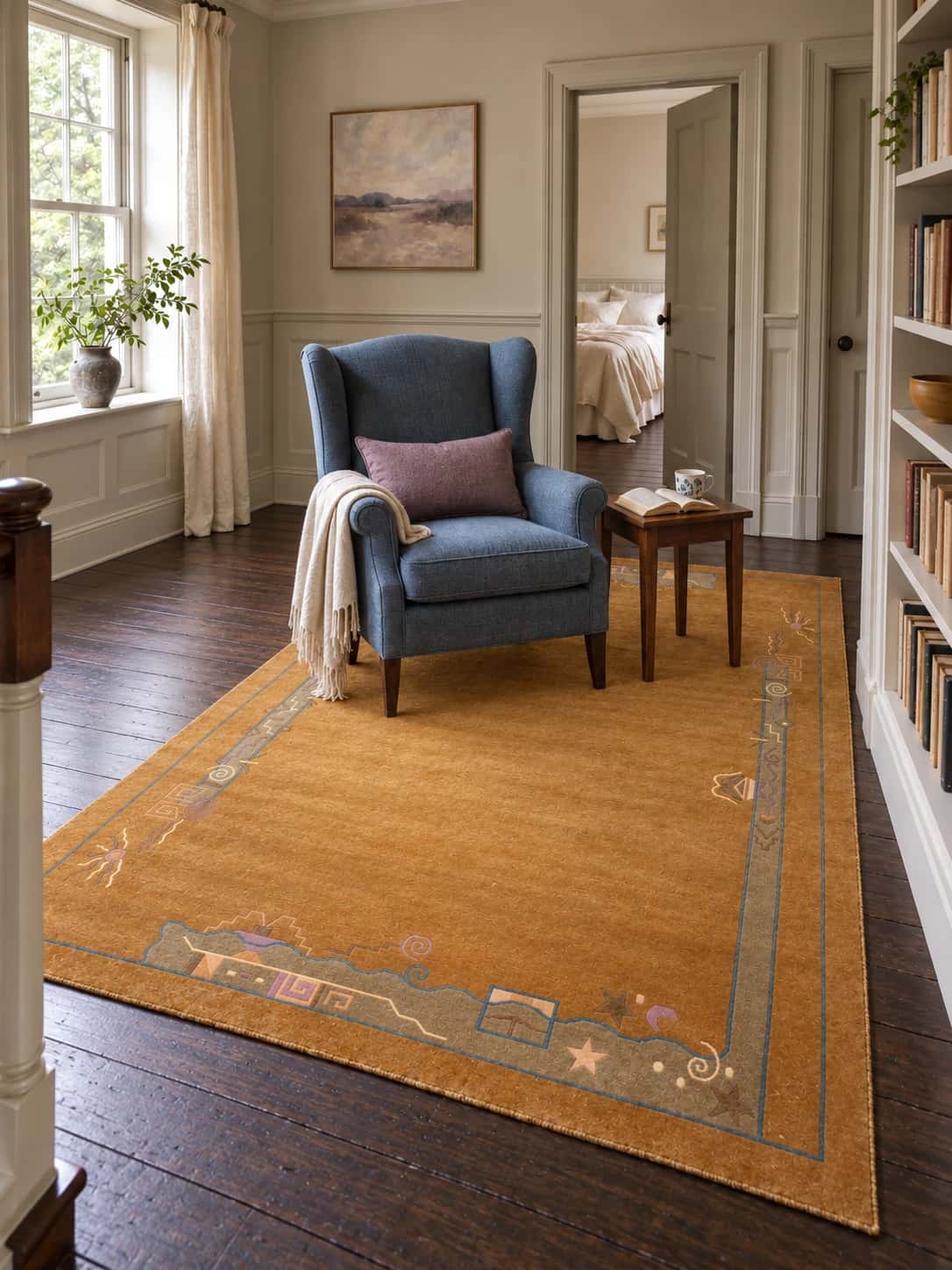 Nepalese Tibetan rug, modern, 200x247 cm, mainly yellow — In a room