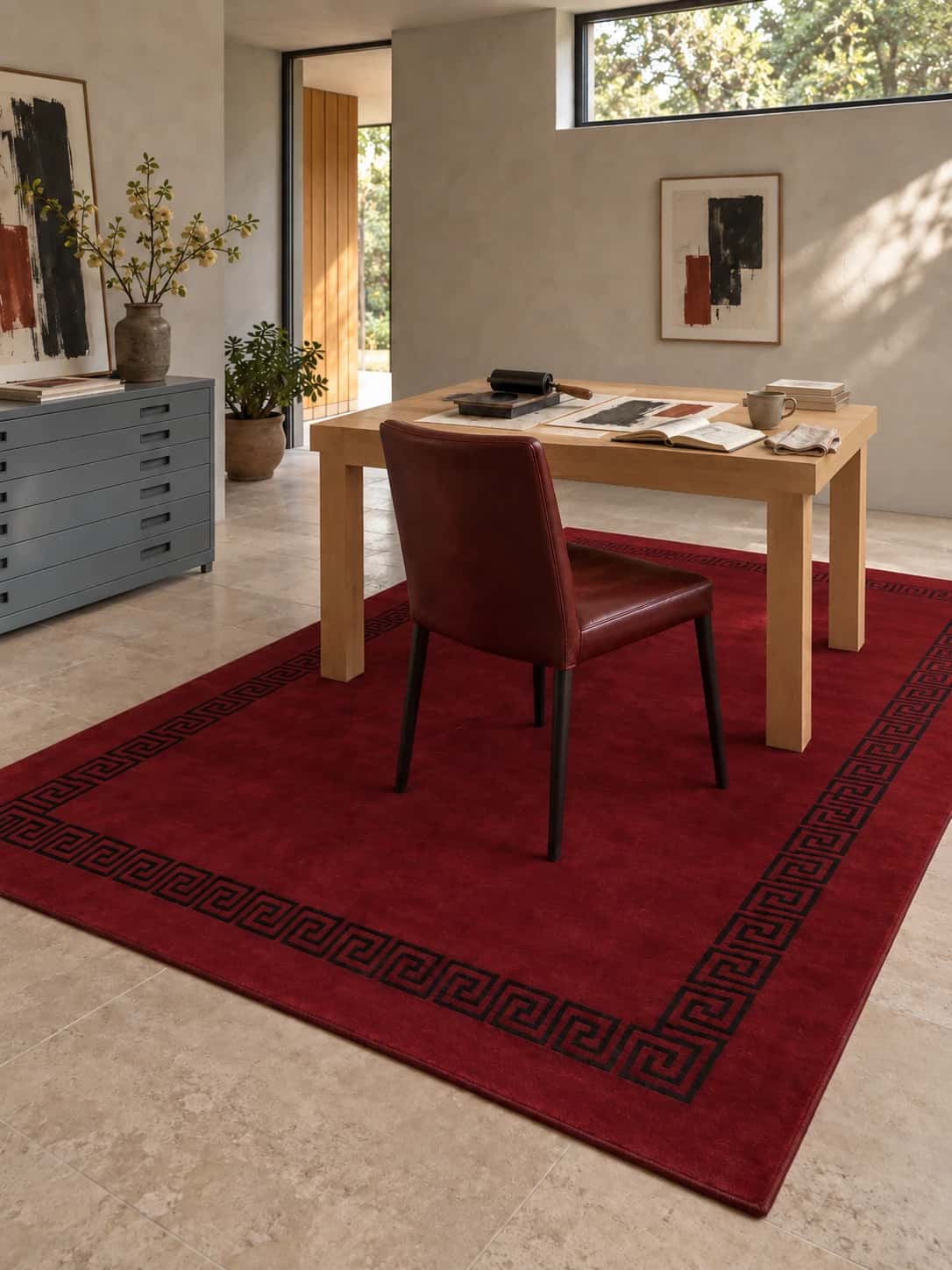 Alfombra nepalí tibetana, oriental, 200x293 cm, principalmente en rojo — En una habitación