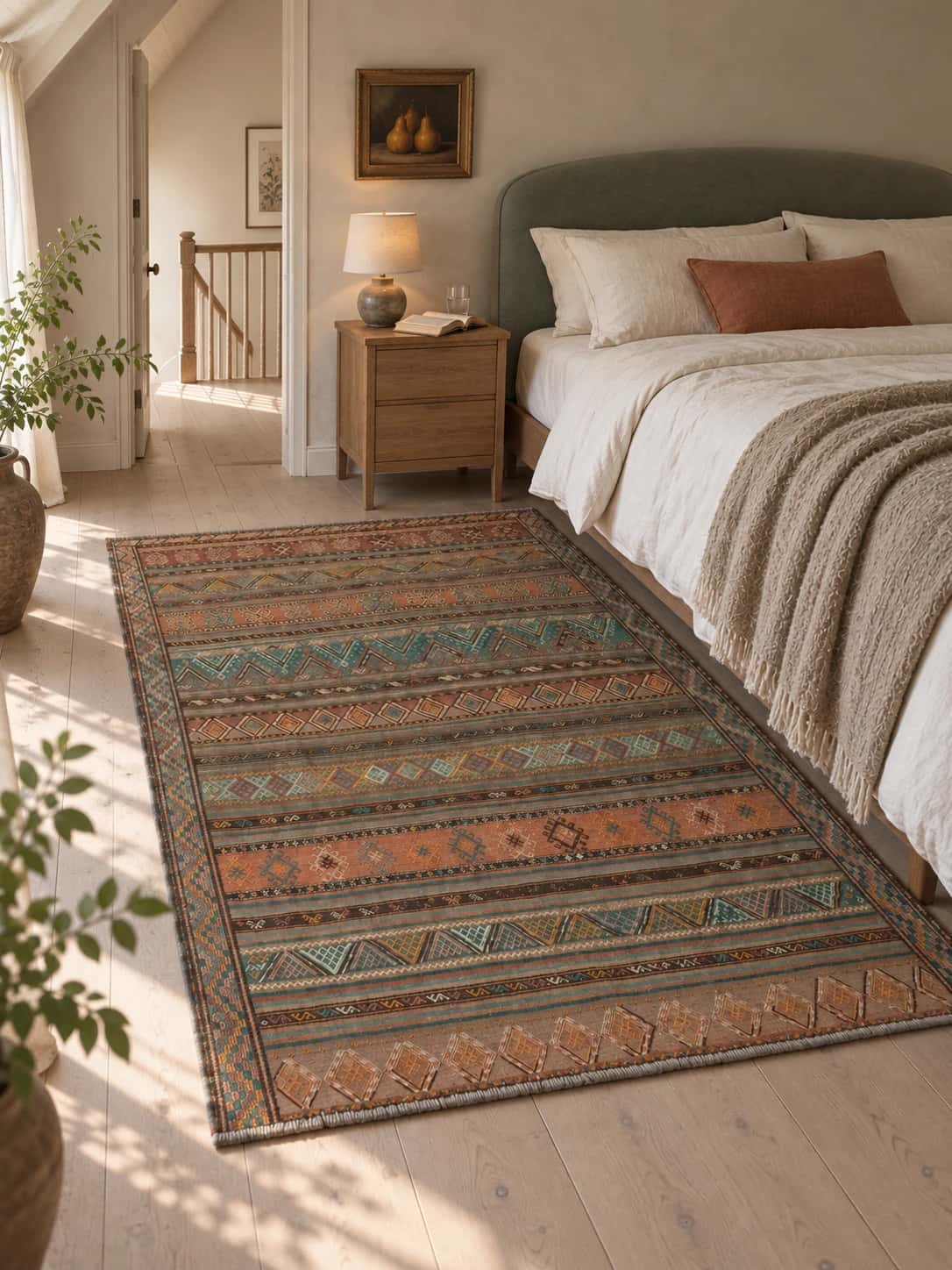 Persian Sumak Kilim rug, geometric, 163x210 cm, multicoloured — In a room