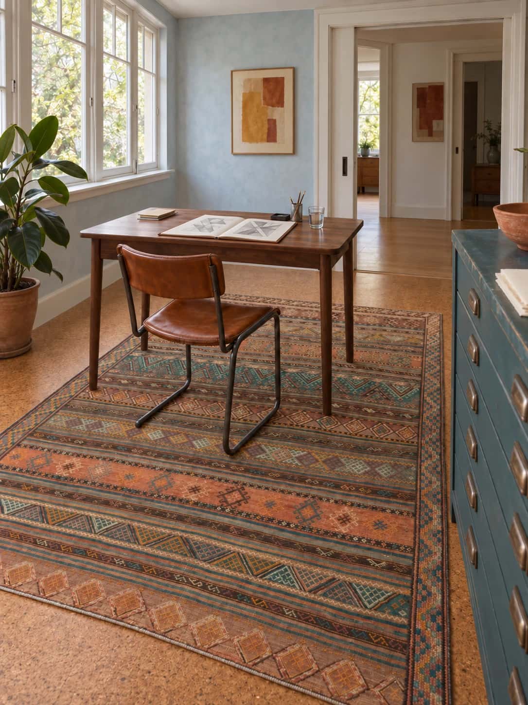 Persian Sumak Kilim rug, geometric, 163x210 cm, multicoloured — In a room