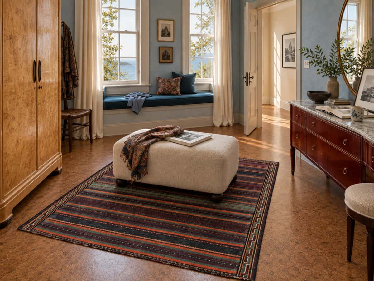 Dywan perski kilim sumak, 135x152 cm, głównie fioletowy i pomarańczowy — We wnętrzu