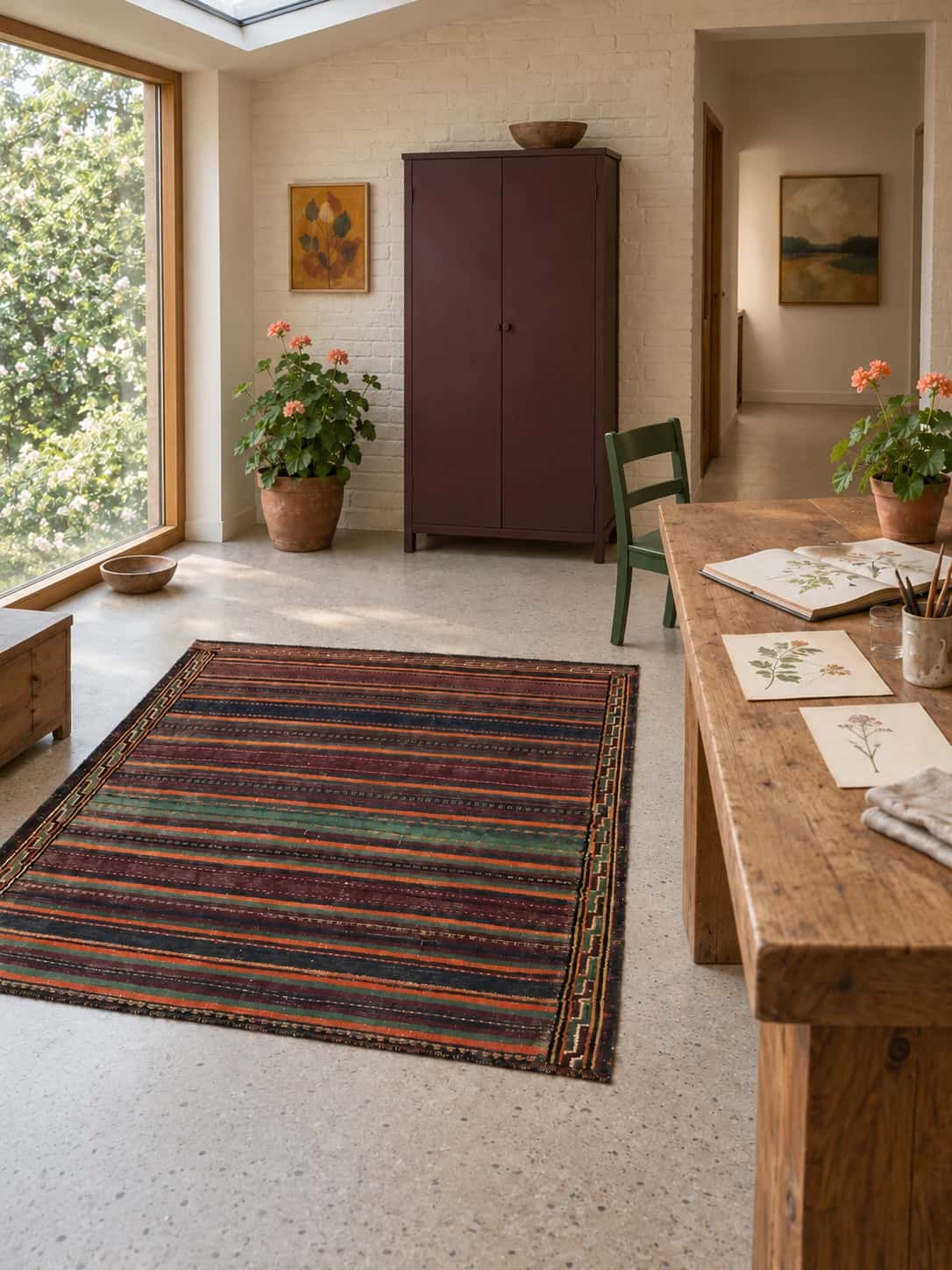 Persian Sumak Kilim rug, 135x152 cm, mainly purple and orange — In a room
