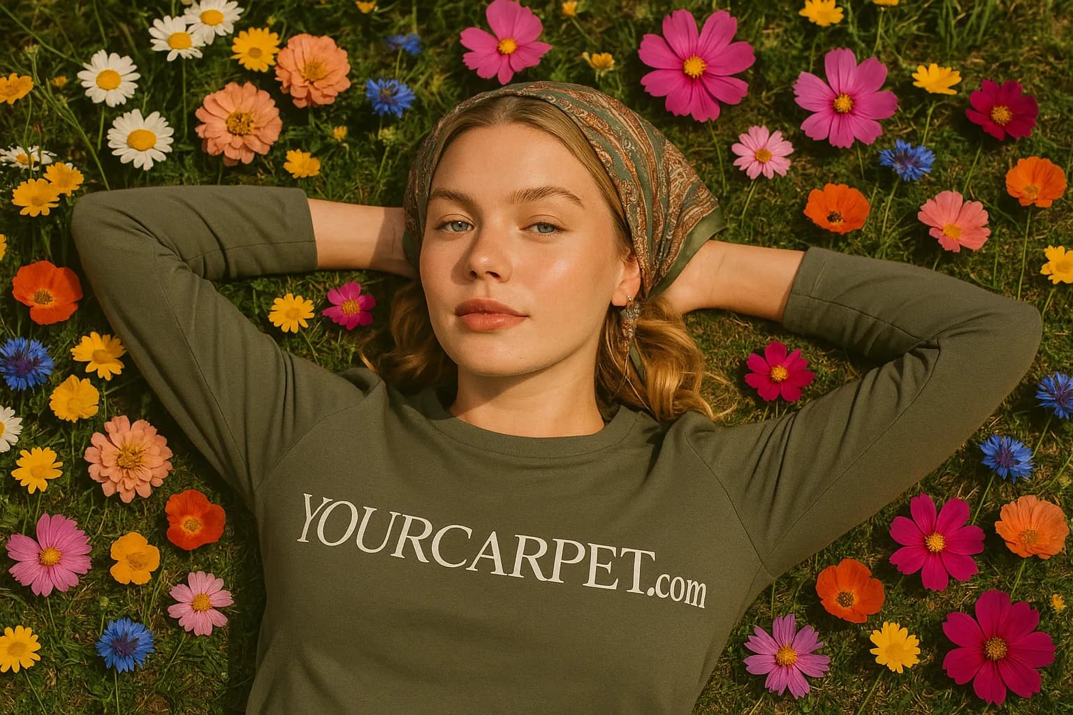 Young woman lying on grass among colourful wildflowers, hands behind her head, wearing a paisley kerchief and an olive-green top printed with YourCarpet.com