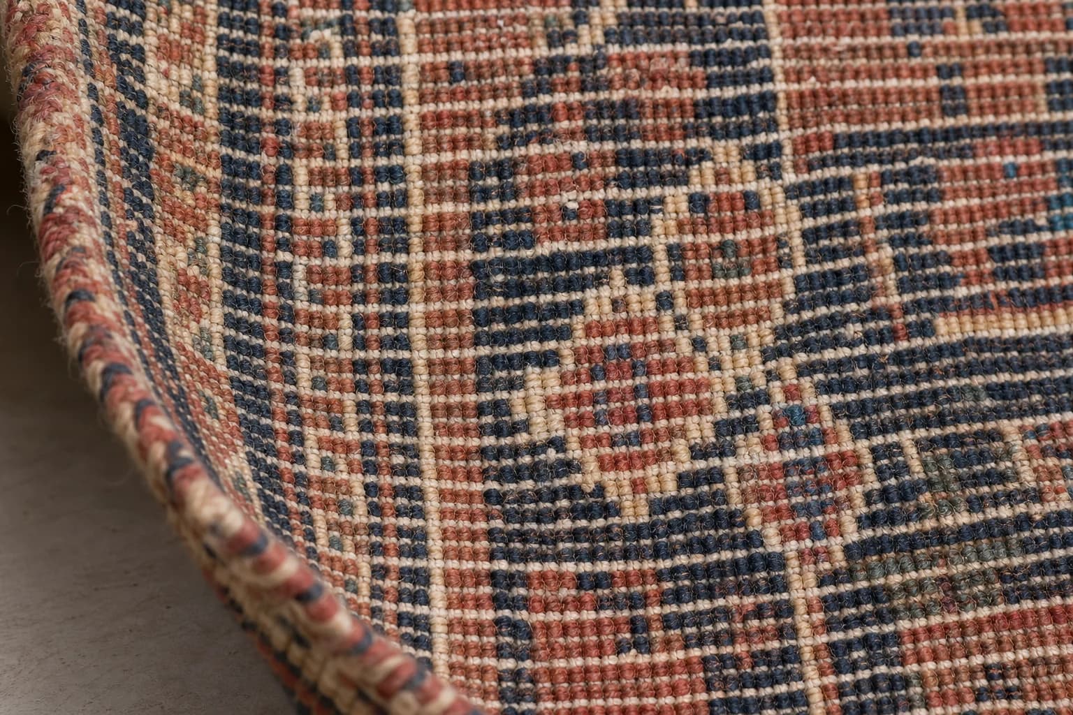 Close-up of a hand-knotted rug’s underside showing small variations in knot size and spacing