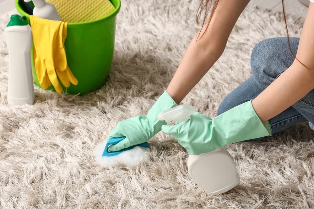 Person, die die Tupftechnik auf einem synthetischen Teppich vorführt