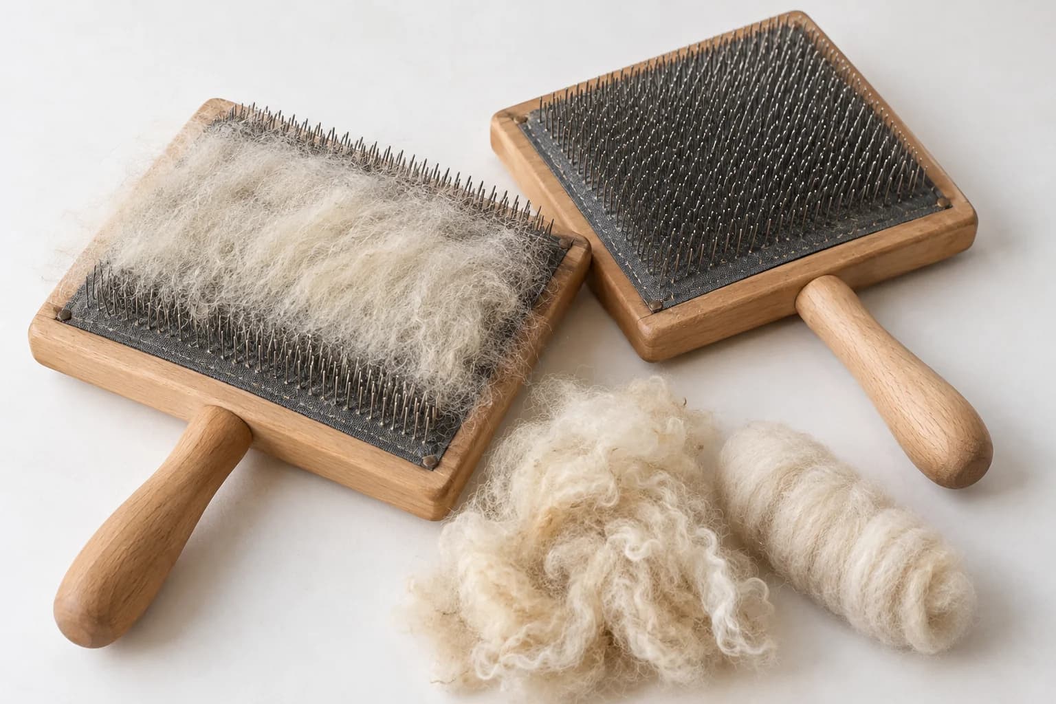 Two wooden hand carders with wire teeth, loose wool and a small roll of carded wool.