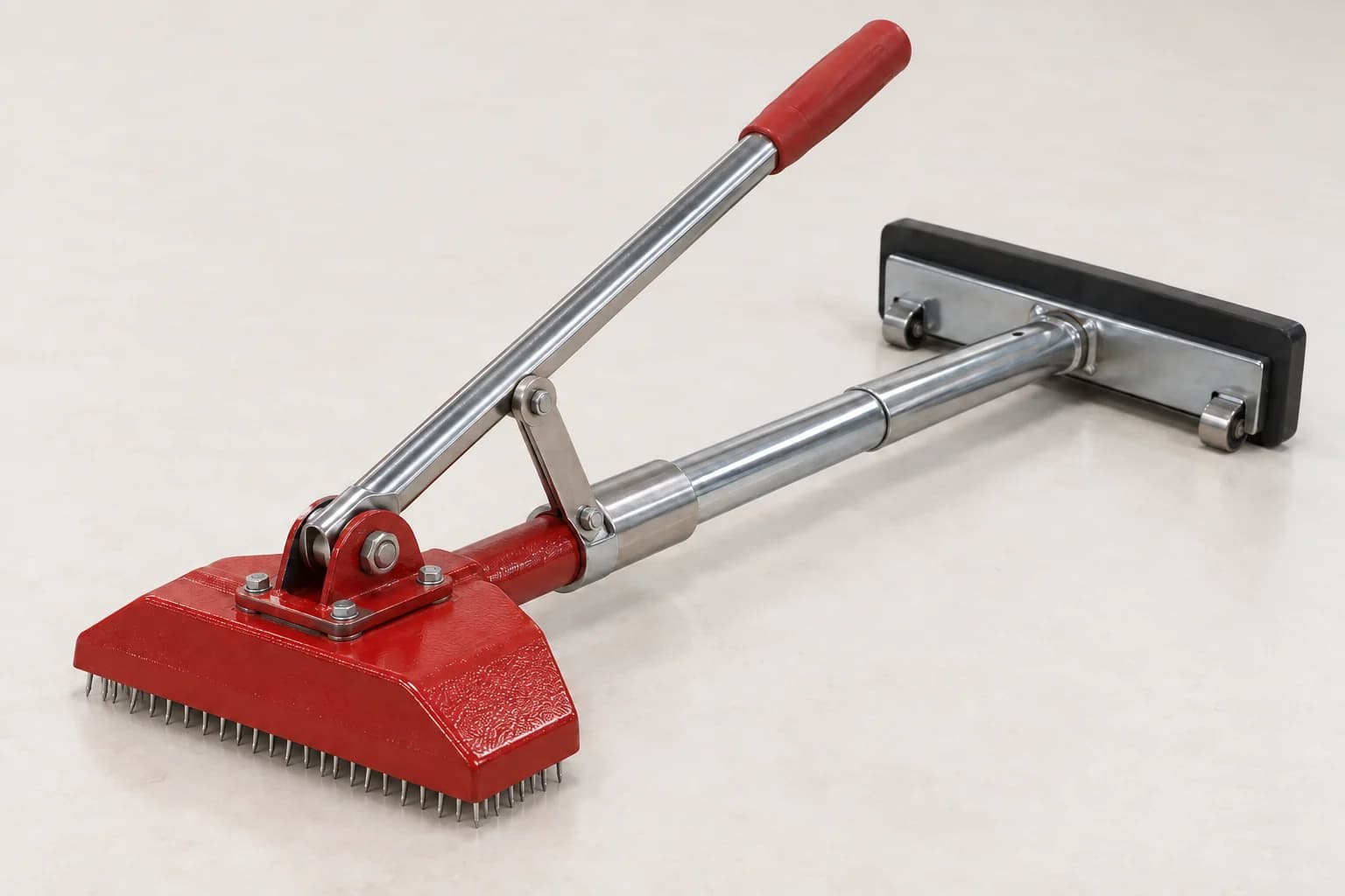 Compact manual power stretcher with a red pin-grip head, pivoting lever, round telescoping tube and broad padded tail bar on small rollers.