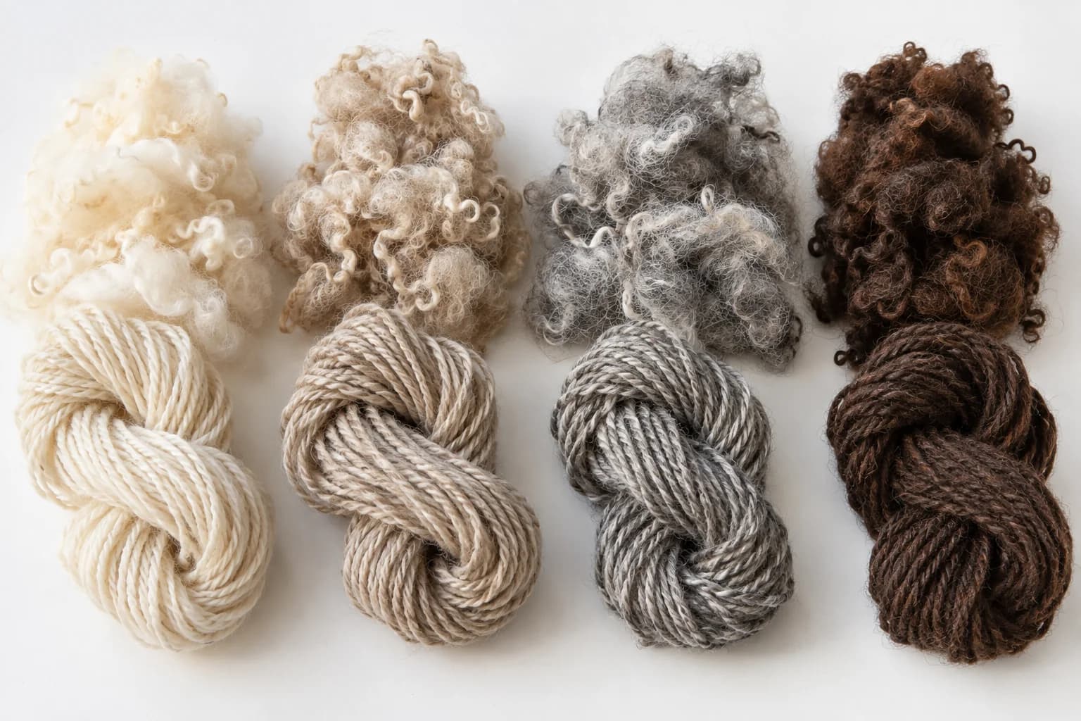 Loose wool and matching yarn hanks in natural cream, oatmeal, grey and dark brown shades.