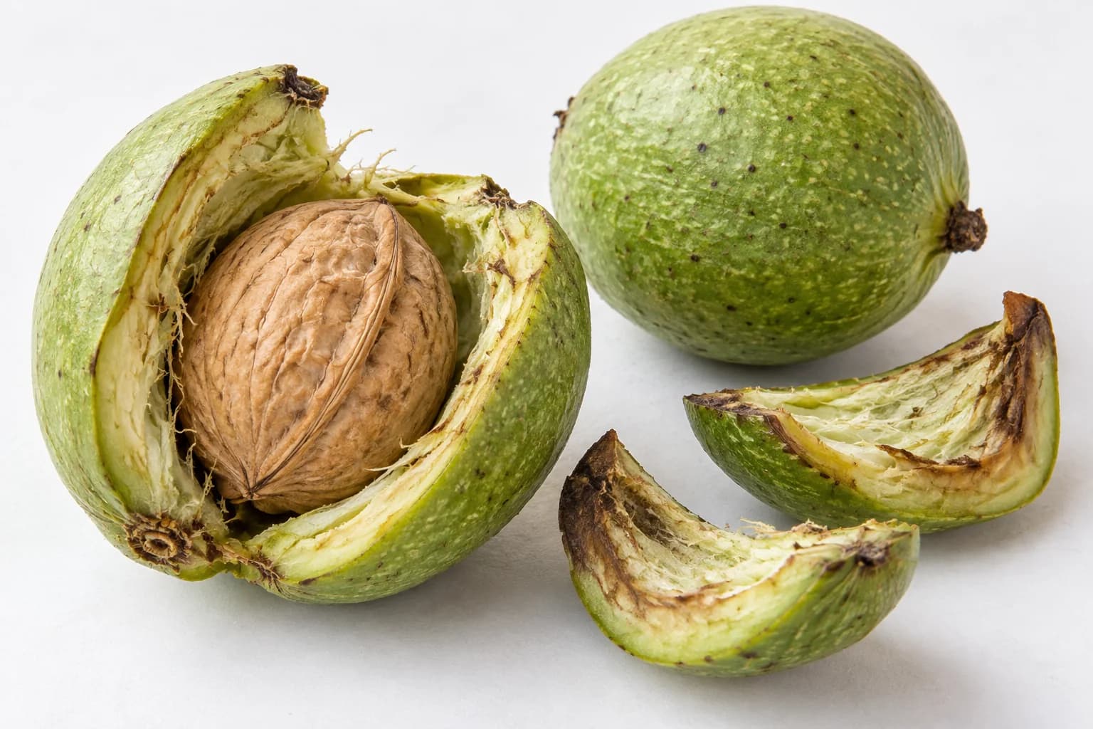 Green walnut husks split open to show the hard tan shell inside.