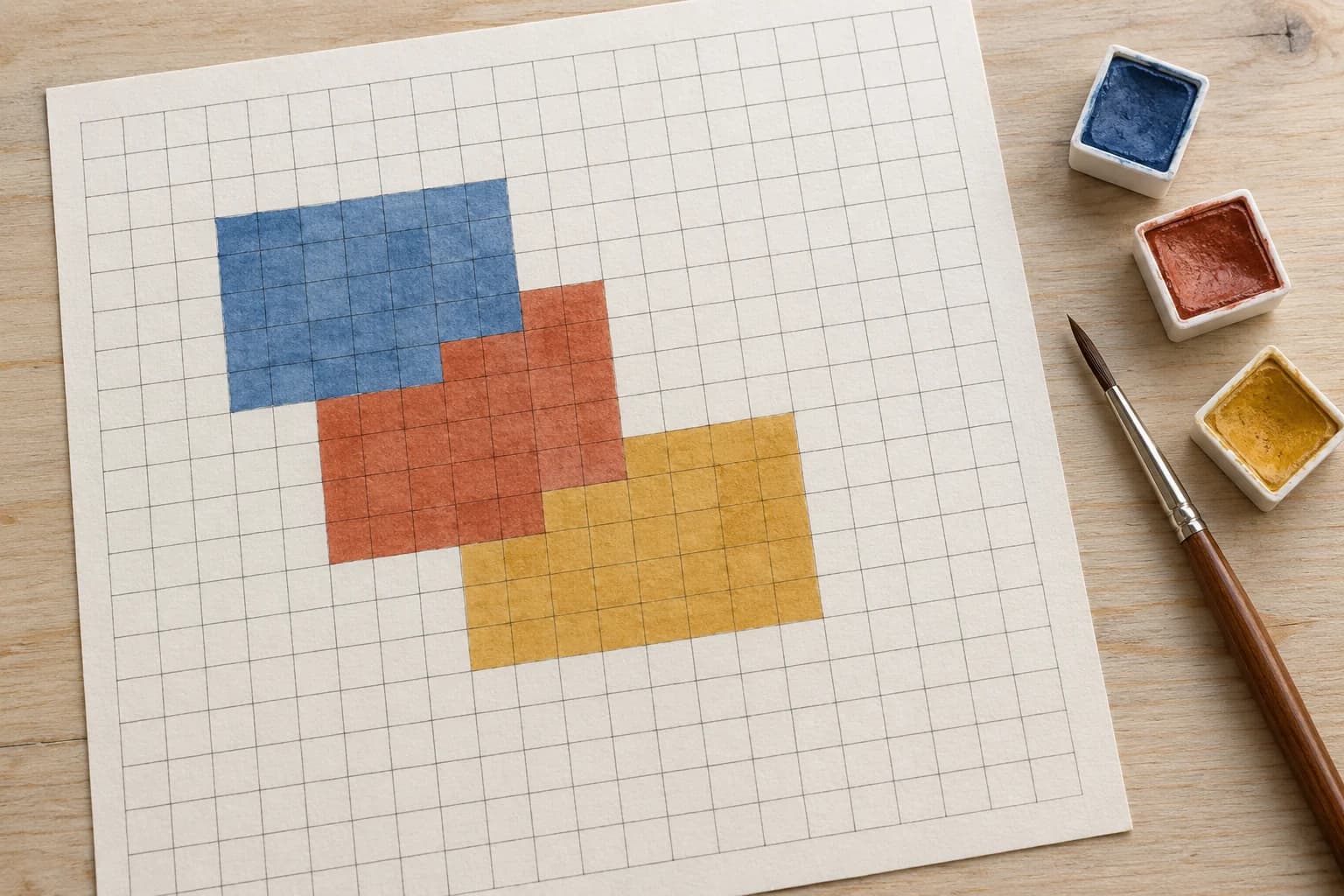 Paper weaving plan with blue, terracotta and ochre areas following individual grid cells, beside a fine brush and watercolour pans.