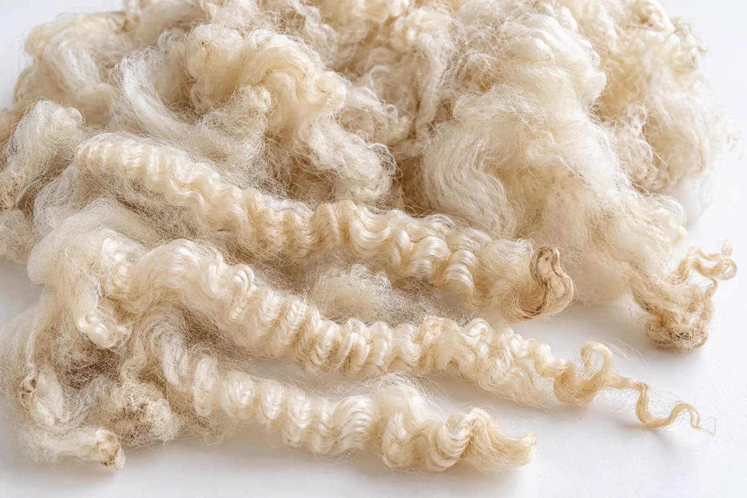 A close view of cream sheep fleece showing crimped fibres and curled locks.