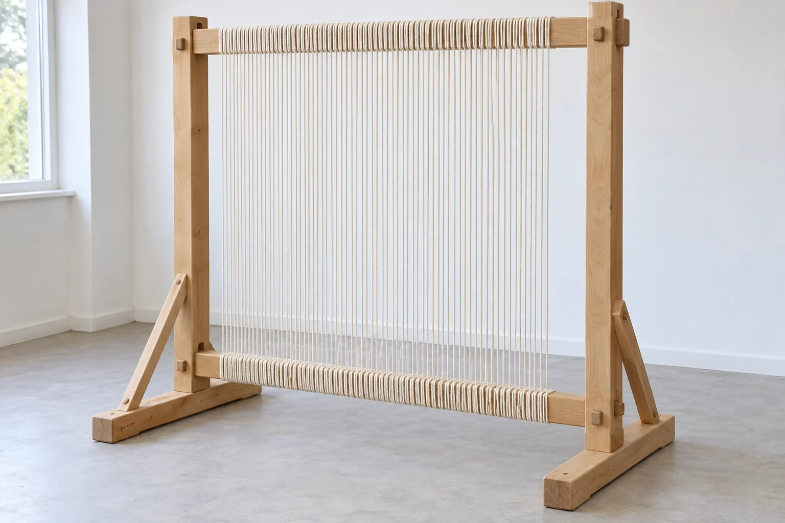 Telar vertical de madera sin tejido, con hilos de urdimbre tensos entre los travesaños superior e inferior y pies con refuerzos diagonales.