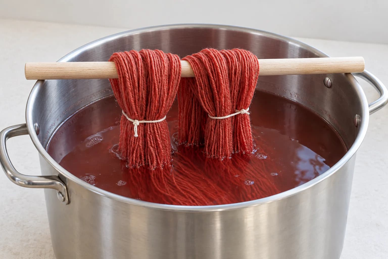Bucles de hilo rojo parcialmente sumergidos en un baño de tinte, colgados de una varilla de madera apoyada en ambos lados del borde del recipiente.