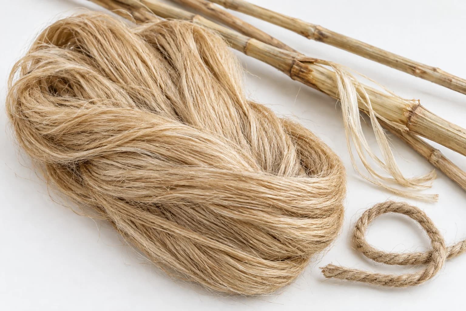 Fibres de jute dorées à côté de tiges sèches à l’écorce fibreuse décollée et d’un morceau de ficelle.
