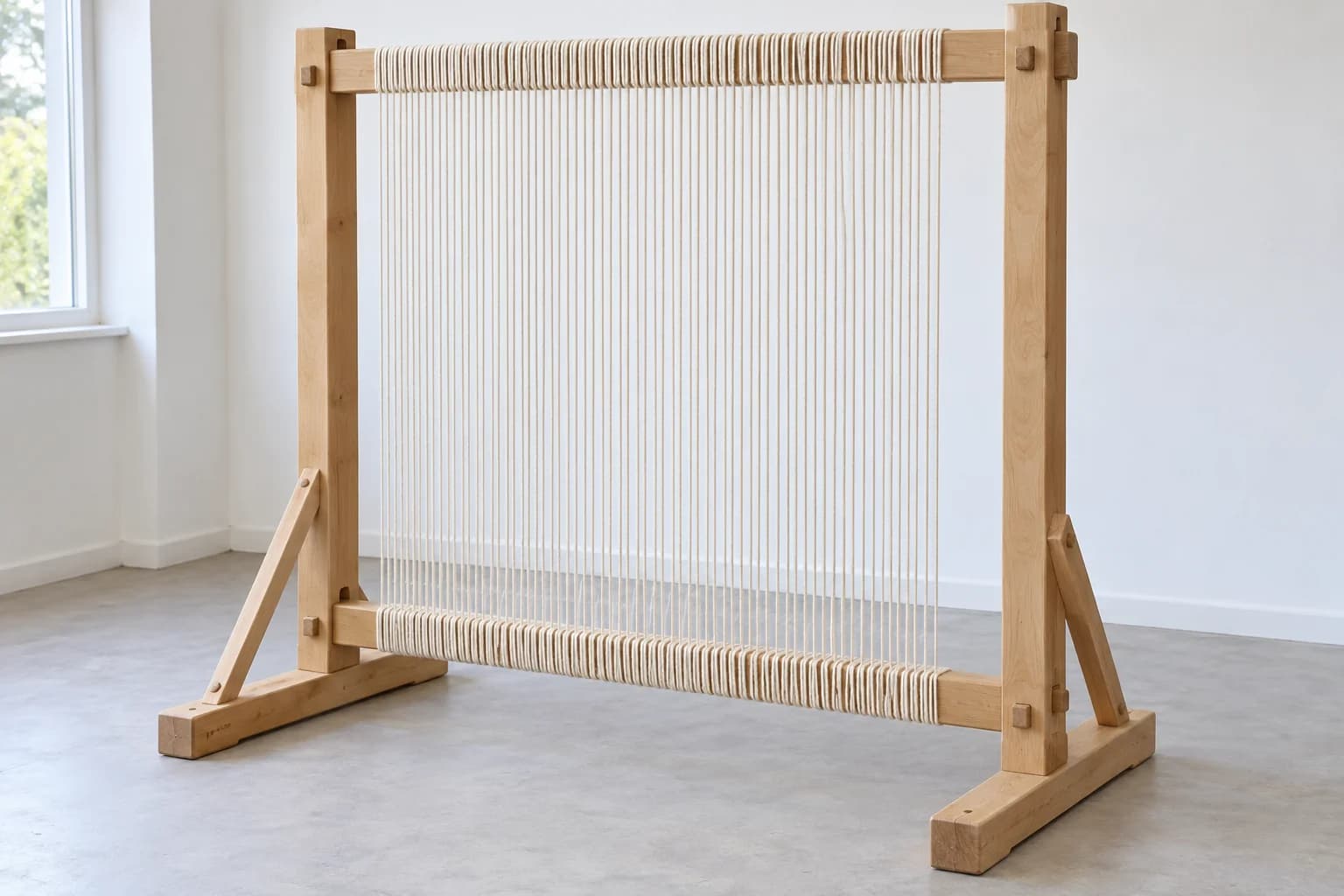 Métier vertical en bois sans tissu, avec des fils de chaîne tendus entre les traverses supérieure et inférieure et des pieds renforcés par des jambes de force.
