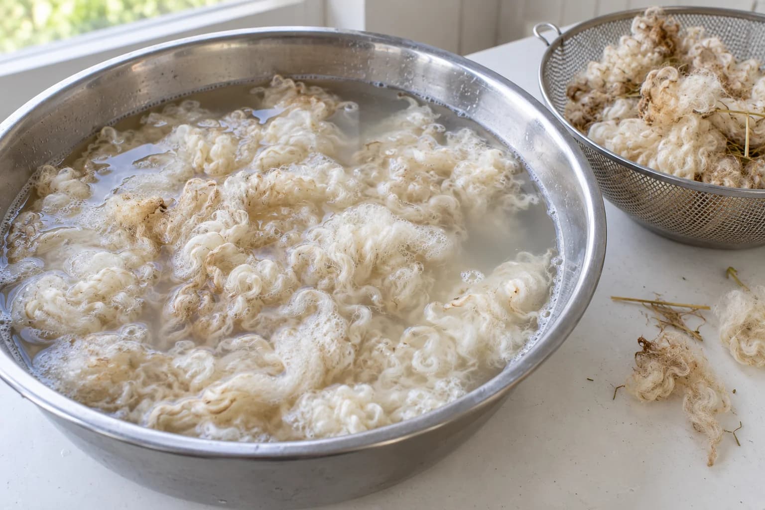 Toison de mouton crème en vrac trempant dans une eau de lavage trouble, à côté de mèches non lavées avec de la paille et des pointes plus foncées.