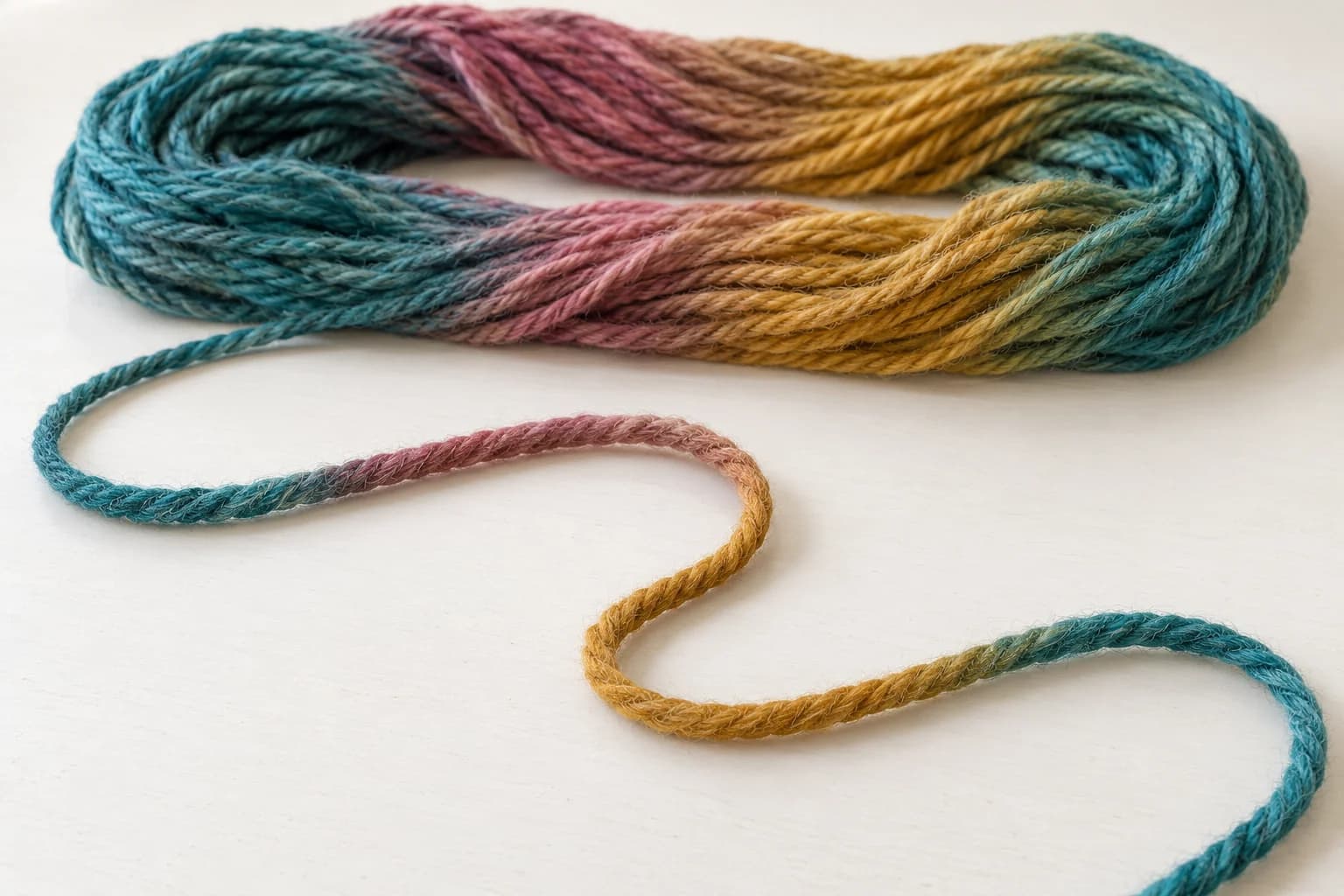 Fil teint par sections bleu-vert, roses et ocre le long d'un brin continu, à côté d'un écheveau ouvert du même fil.