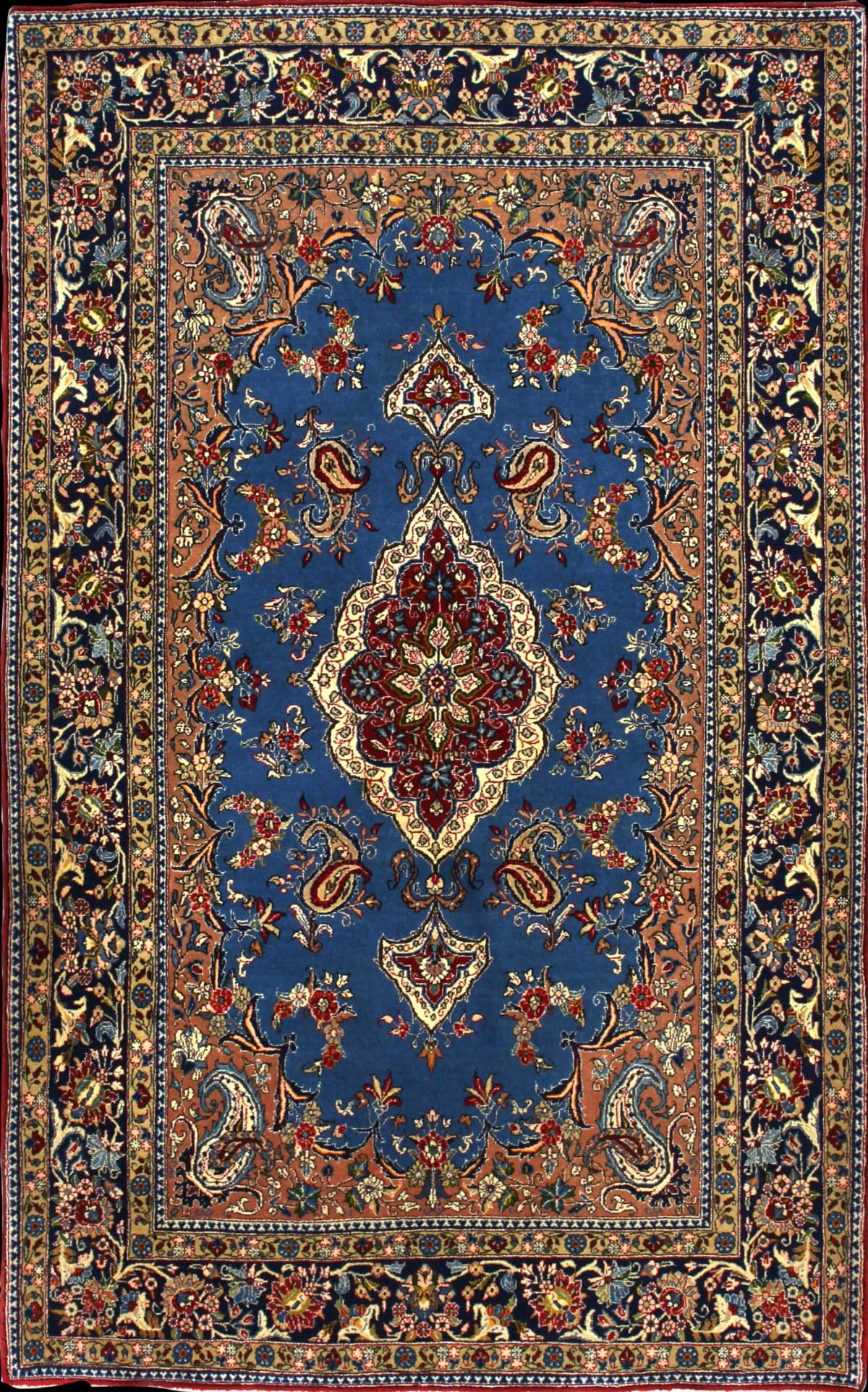 Persian rug in dimensions 220 centimeters length by 140 centimeters width with mainly blue colors — Full view