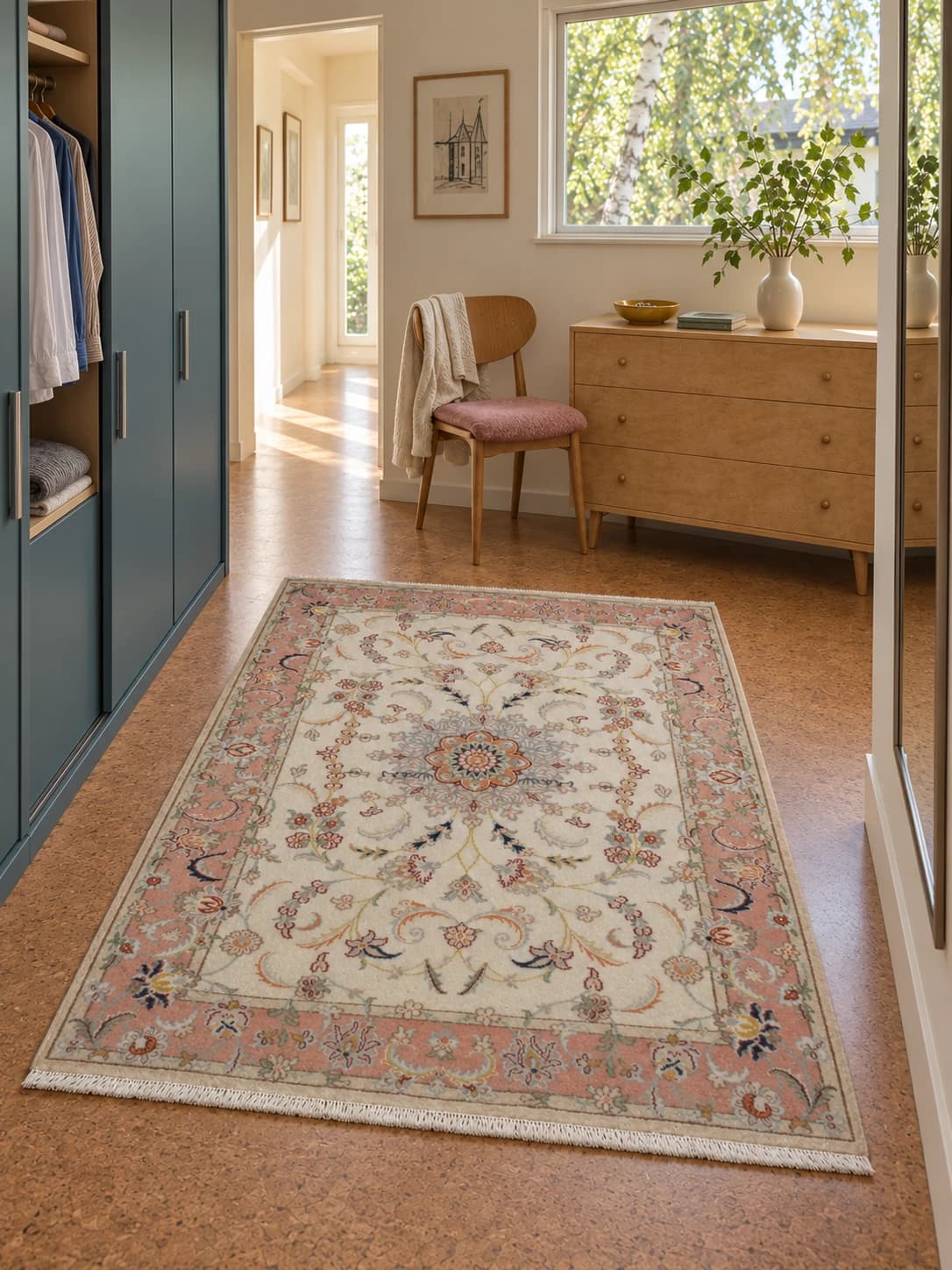 Perserteppich Tabriz, orientalisch, 124x190 cm, überwiegend in Rosa und Weiß — Im Raum