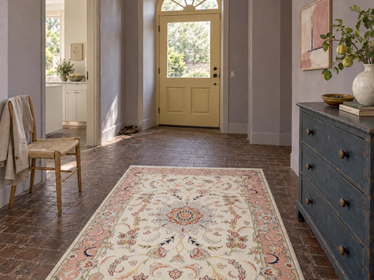 Perserteppich Tabriz, orientalisch, 124x190 cm, überwiegend in Rosa und Weiß — Im Raum