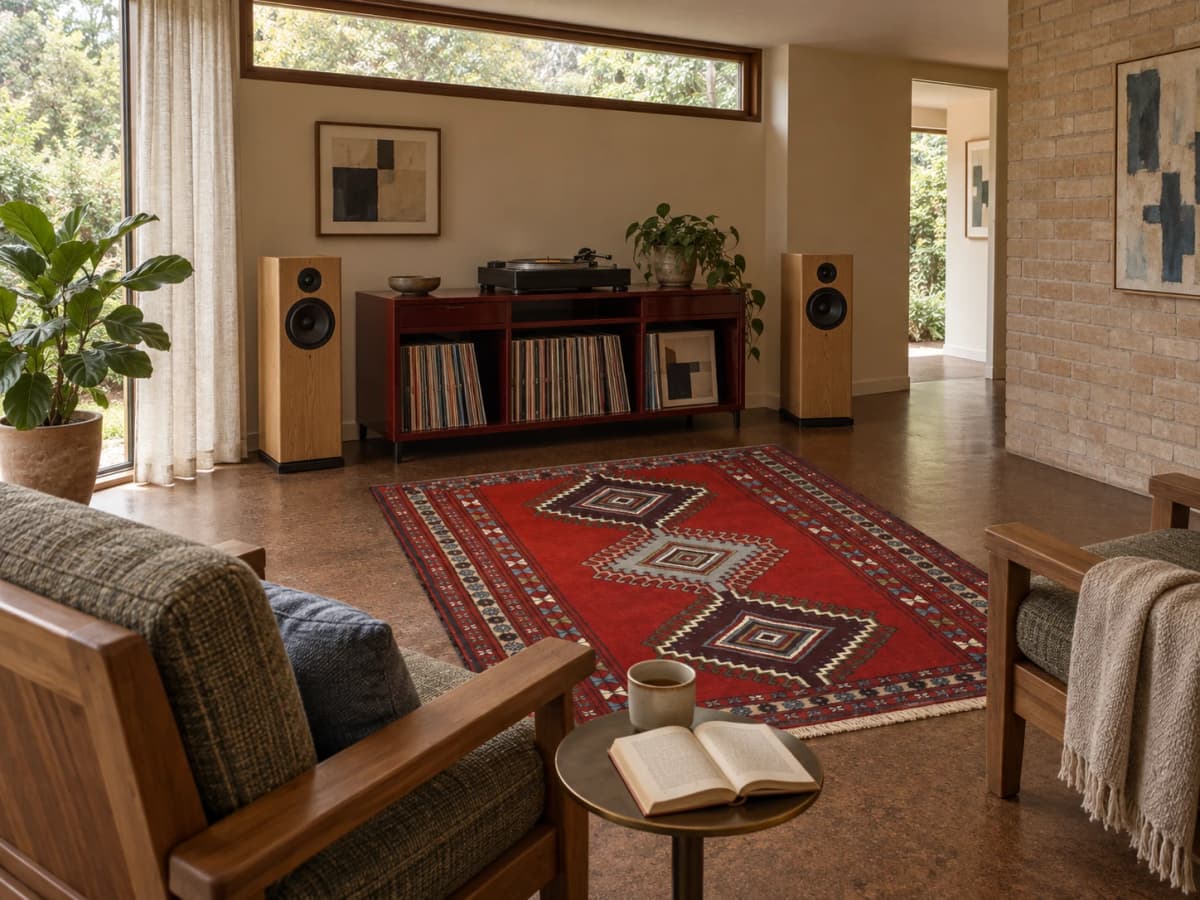 Perserteppich Quchan, orientalisch, 122x162 cm, überwiegend in Rot — Im Raum