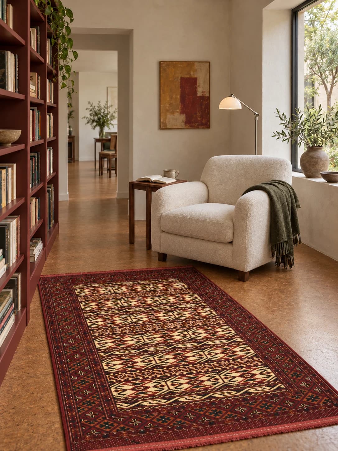 Tapis persan turkmène, oriental, 114x172 cm, principalement beige et rouge — Dans une pièce