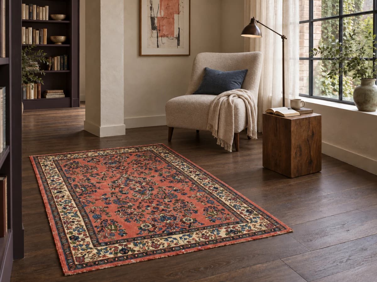 Tapis persan Sarouk, oriental, 108x158 cm, principalement rose — Dans une pièce