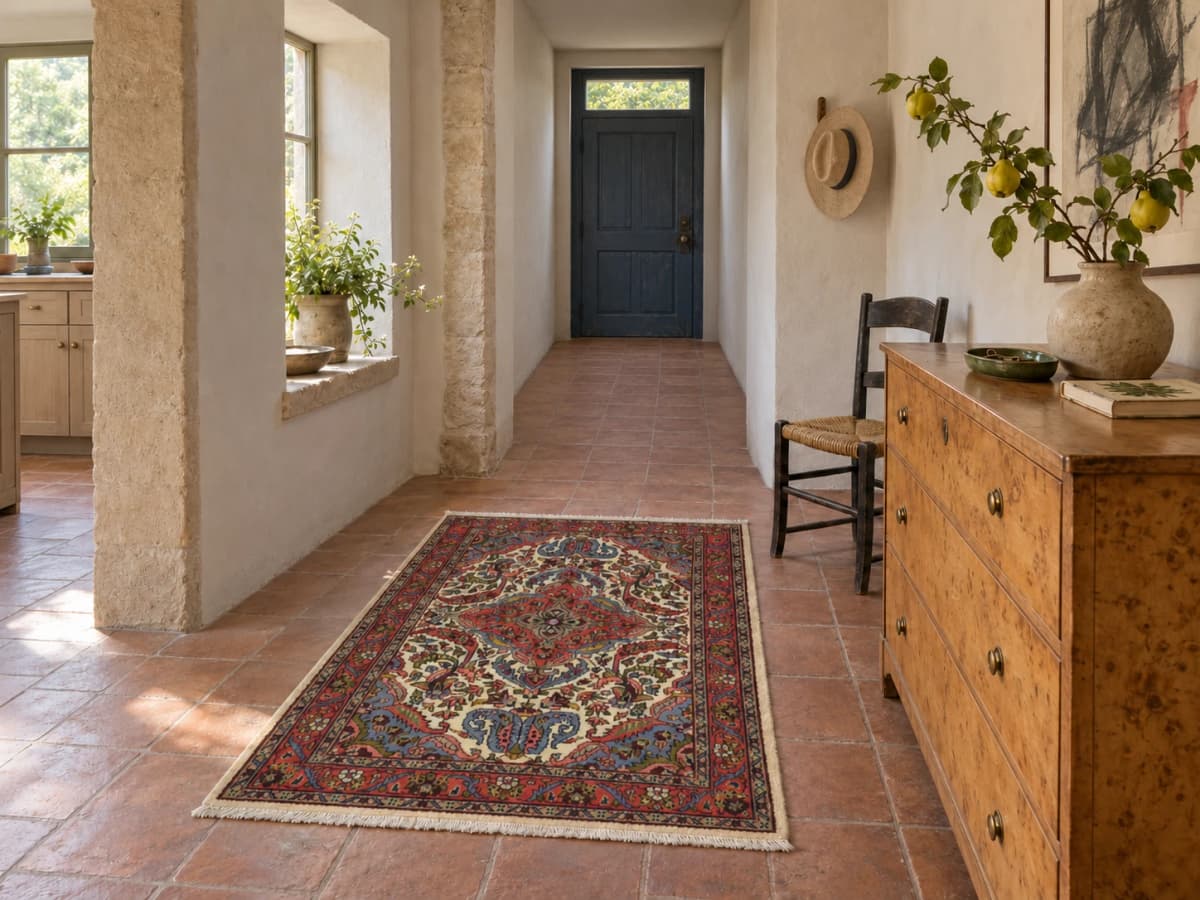 Perserteppich, orientalisch, 103x140 cm, überwiegend in Rot — Im Raum