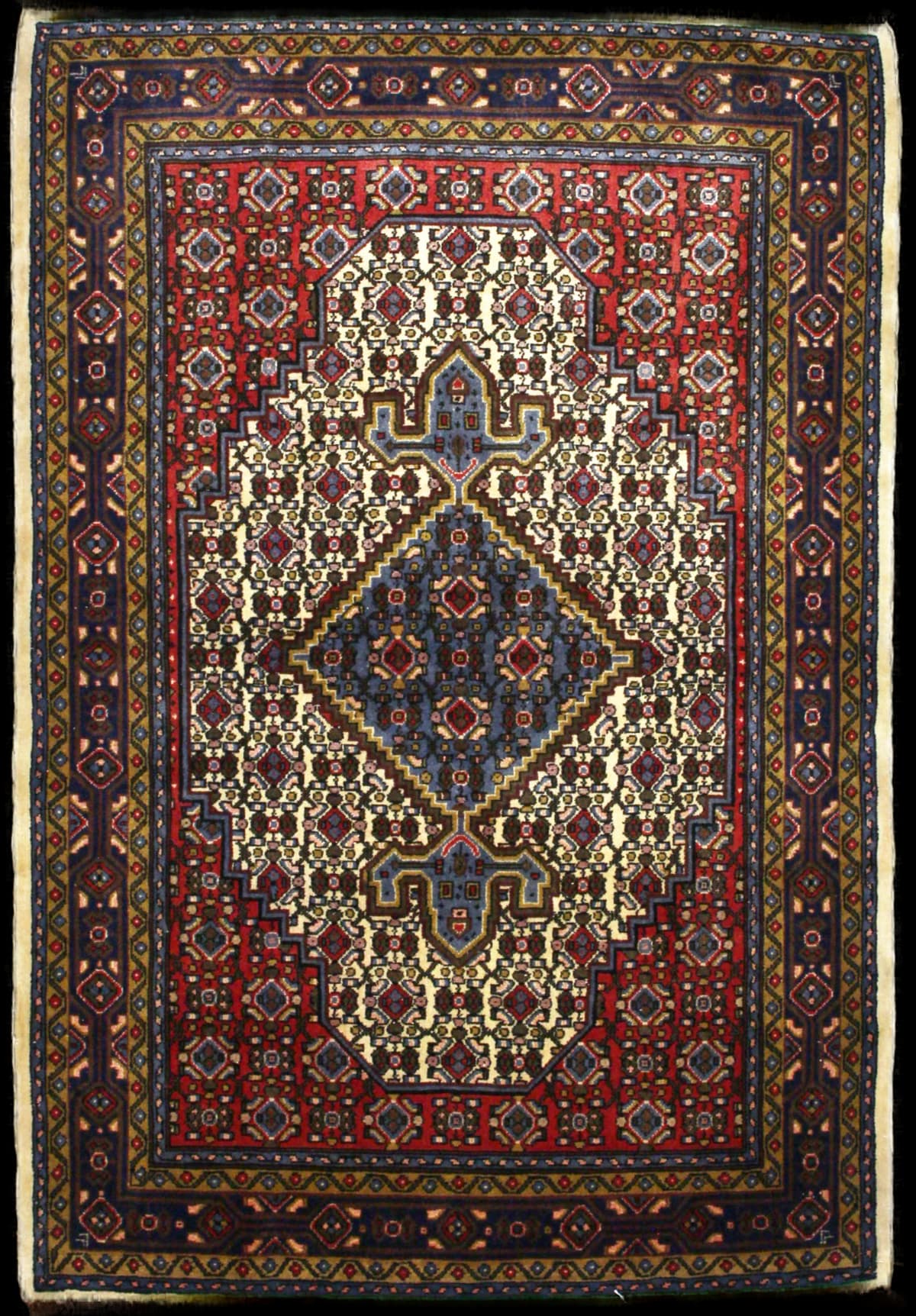 alfombra persa de estilo Hamadán en dimensiones 165 centímetros de largo por 112 centímetros de ancho con colores principalmente rojo y beige — Vista completa