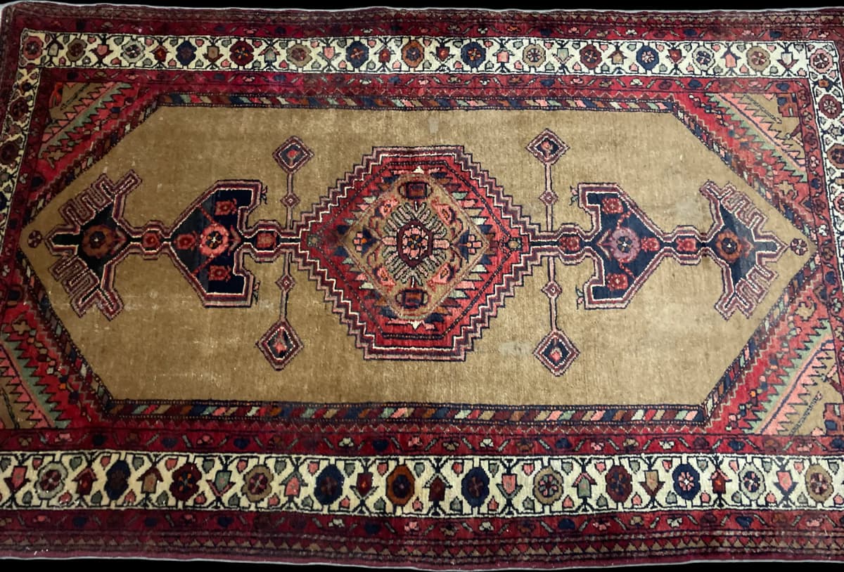 Tapis persan Hamadan, oriental, 135x224 cm, principalement marron et rouge — Perspective