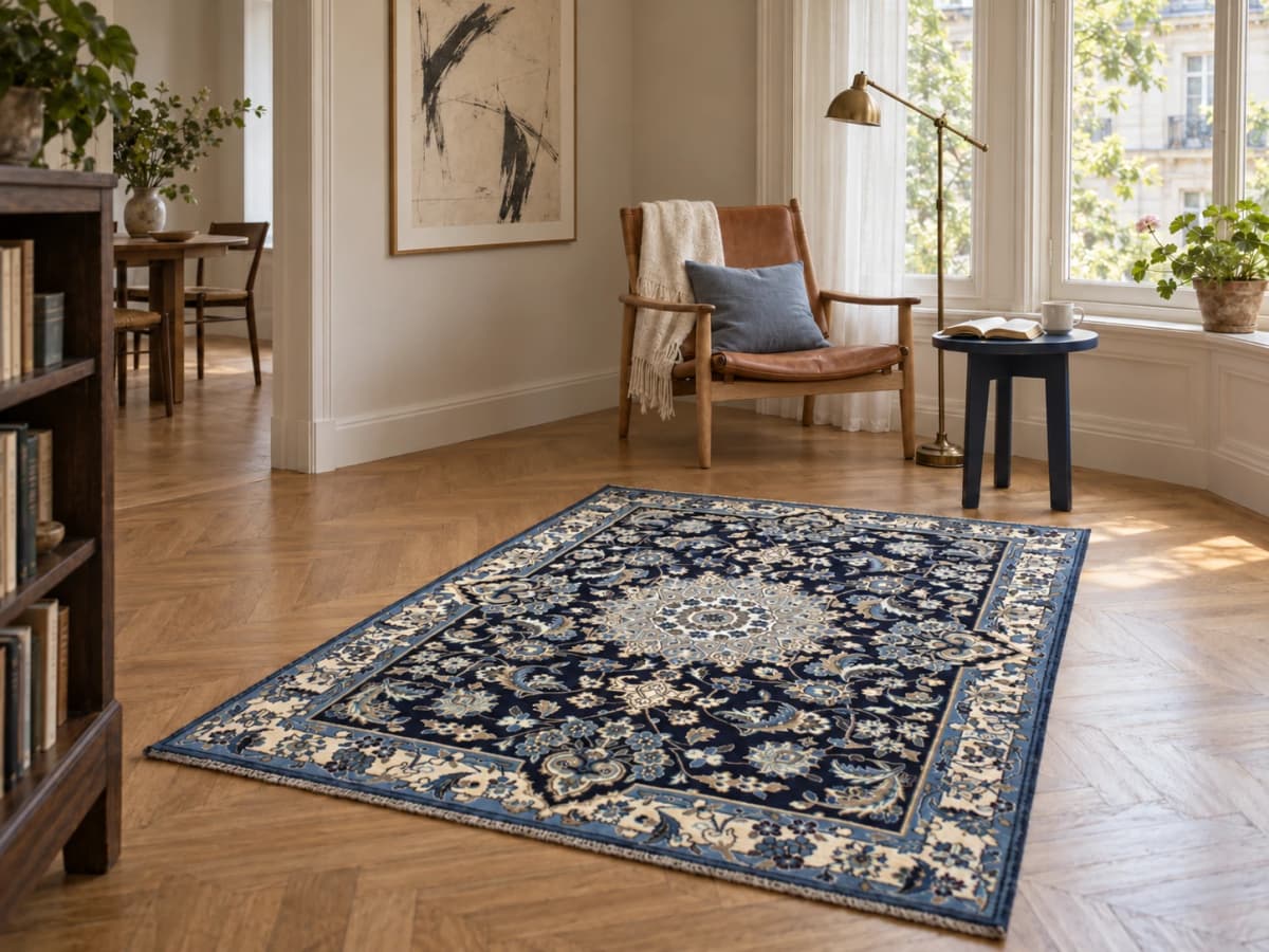 Perserteppich Nain, orientalisch, 142x198 cm, überwiegend in Blau und Weiß — Im Raum