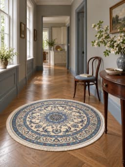 Persian round rug, diameter 150 cm, mainly cream and blue — In a room