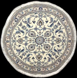 Rund persisk matta, diameter 150 cm, huvudsakligen vit och blå — Helhetsvy