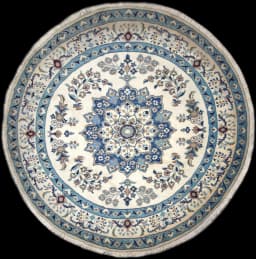Rund persisk matta, diameter 250 cm, huvudsakligen vit och blå — Helhetsvy